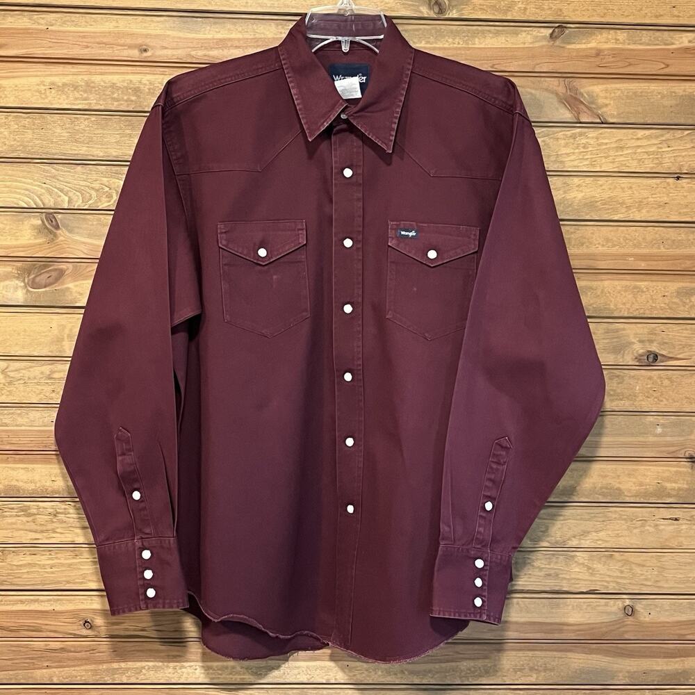 Wrangler Men’s Pearl Snap Maroon Brush Popper Shirt 17x36 Long Sleeve Western - Picture 8 of 8